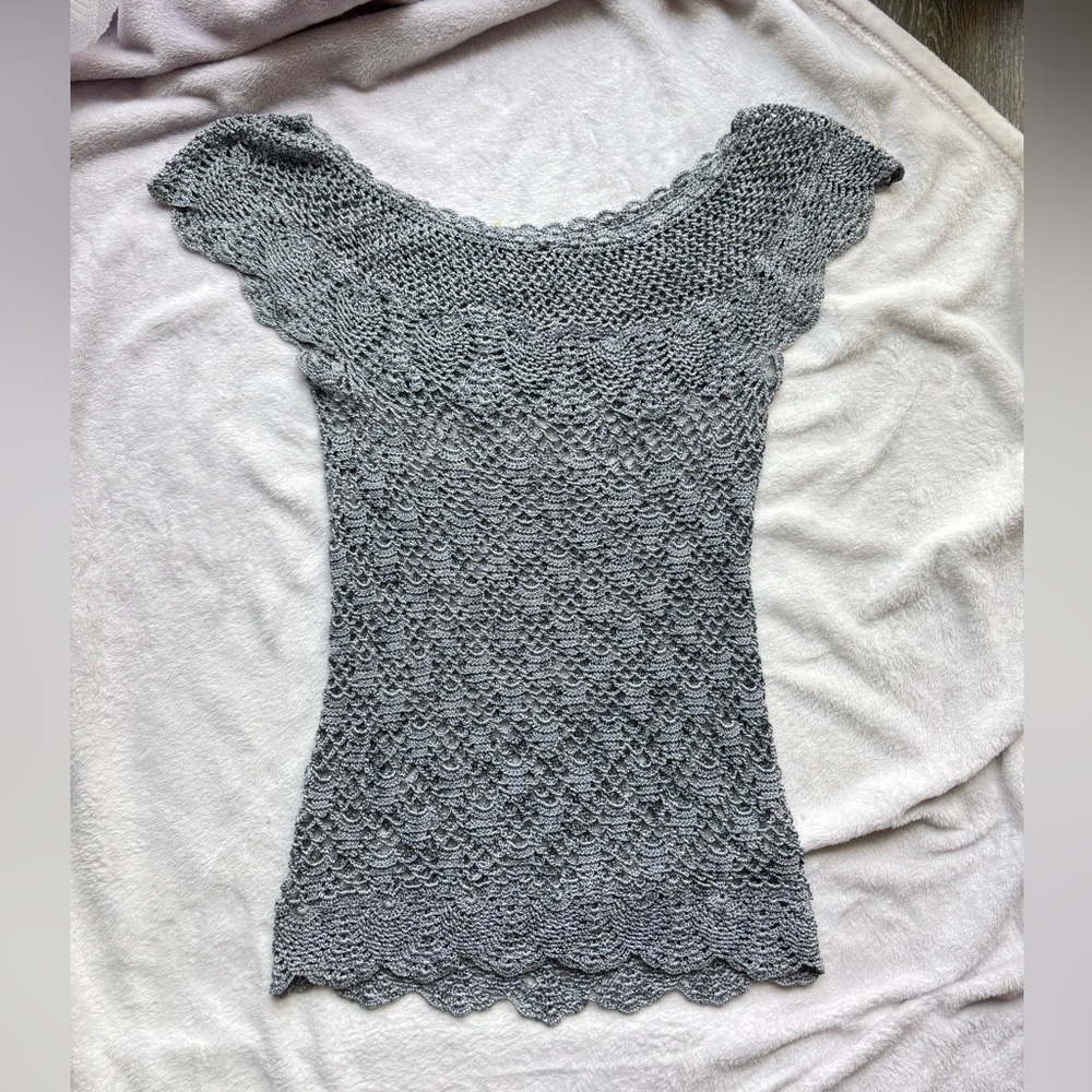 Gray Silver Shiny Crochet Knit Scalloped Top